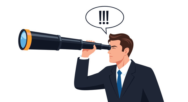 Businessman in a dark suit looking through a large telescope to see the future and find new opportunities for his company growth.