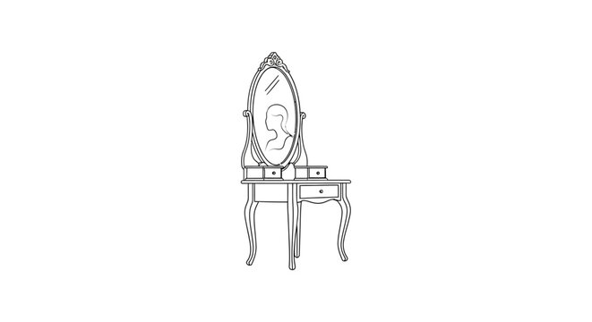 Elegant dressing table with ornate mirror with line drawing vanity large oval mirror black white illustration silhouette furniture interior with drawers