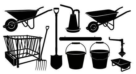 Gardening tools and equipment in black silhouette on white background with collection gardening construction wheelbarrow watering buckets with shovel © Pabitra