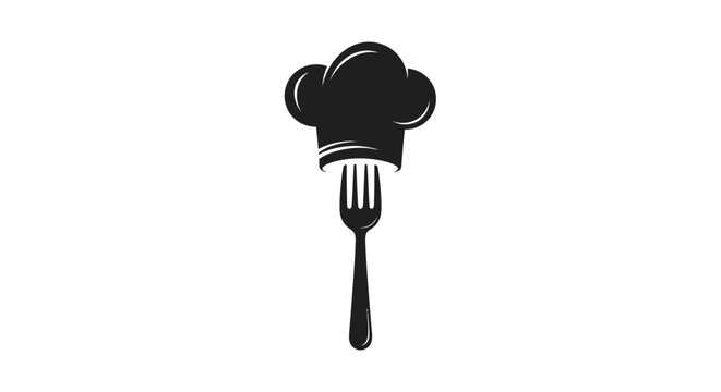 Black chef hat and fork icon on white background with restaurant cooking graphic kitchen symbol design food logo