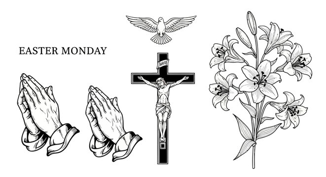 Easter monday religious symbols with white illustrations easter symbols including praying praying hands crucifix crucifix jesus dove black white