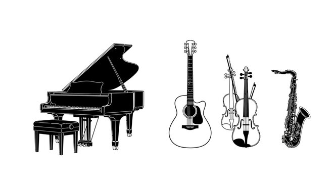 Black and white illustration of various musical instruments with illustration grand piano acoustic guitar violin violin cello saxophone