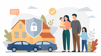 Fototapeta premium Family protection and insurance concept with secure home and auto shield