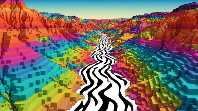 Rainbow canyon landscape with wavy black and white path.