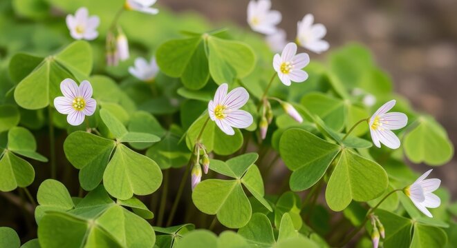 Delicate White Wood Sorrel Flowers and Green Heart-Shaped Leaves in a Spring Forest