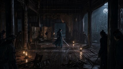 Obraz premium Warrior's Stand: A lone warrior, clad in blue, stands defiantly in a dimly lit, ancient chamber, sword drawn, facing unseen adversaries in a scene charged with tension and drama.
