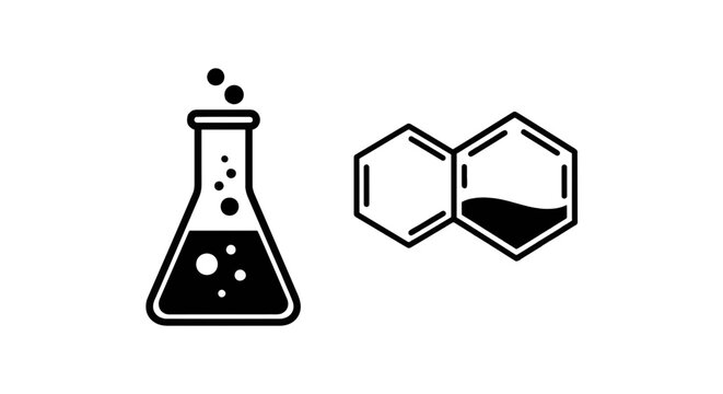 Vector illustration of icon set of a chemical flask and a naphthalene molecule structure on a transparent background