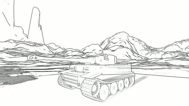 Line art illustration of a military tank driving in a desert mountain landscape. Outline vector illustration, military vehicle line drawing, 3D sketch animation background graphic.