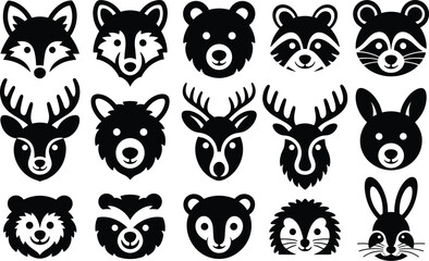 Fototapeta premium Set of wild animals and forest creatures in simple flat black vector graphic style icons