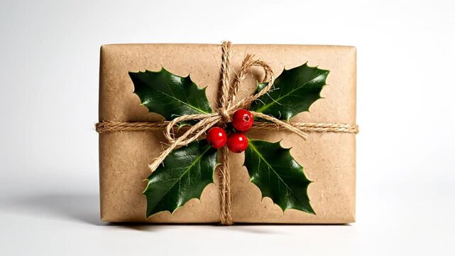Festive gift wrapped in brown paper with twine and holly leaves, holiday present on white surface