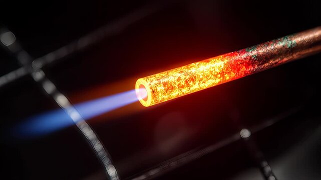 Glowing Molten Metal Rod Heated By Blue Flame Close Up.