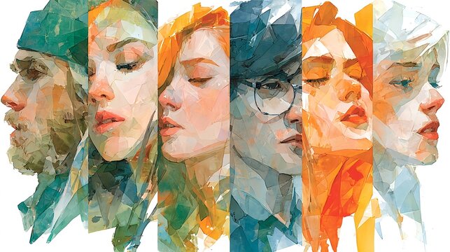 Diverse Portraits in Geometric Watercolor Style