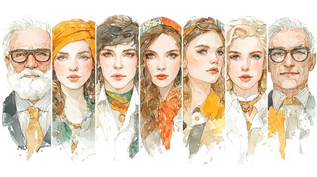 Diverse Portraits in Geometric Watercolor Style