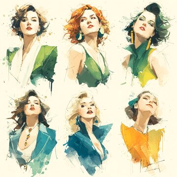Six Elegant Women in Watercolor Fashion Portrait Study