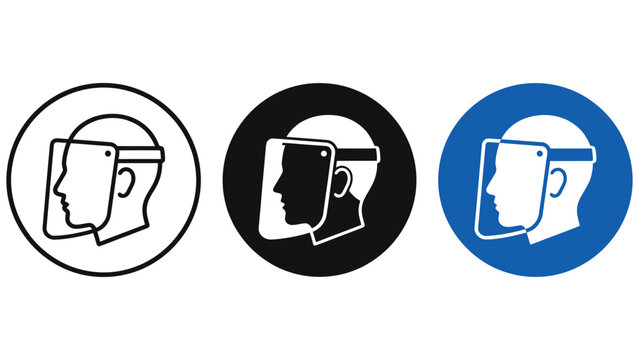 Set of three protective face shield icons in different color styles on circular backgrounds