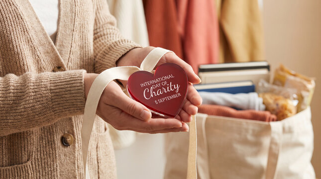 Hands Holding Red Heart Ribbon with International Day of Charity Text  Philanthropy Concept