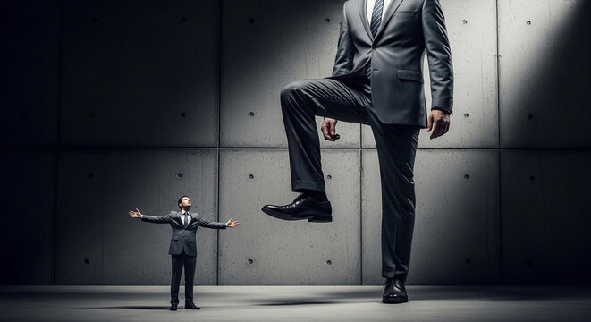 Giant man in suit towers over a small man, symbolizing power imbalance and dominance. Represents business competition and overwhelming challenges.