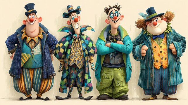 Four Eccentric Men in Colorful Whimsical Vintage Clown Outfits