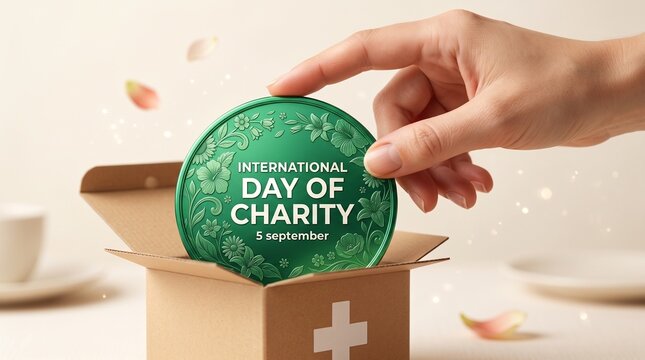 International Day of Charity concept with a hand offering a gift box floral wreath and medical cross