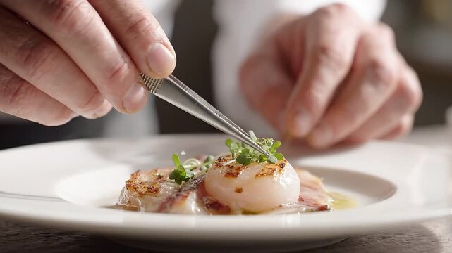 Chef's hands delicately garnishing a plate of seared scallops with microgreens using tweezers in a well-lit kitchen setting, showcasing culinary artistry and precision