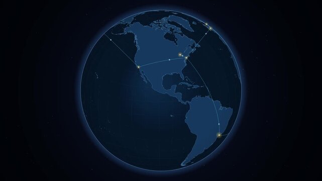 Global network connection on digital earth globe, stylized world map with data lines, blue motion graphic of international communications