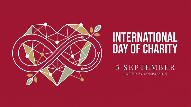 International day of charity graphic with geometric heart and leaves on red background