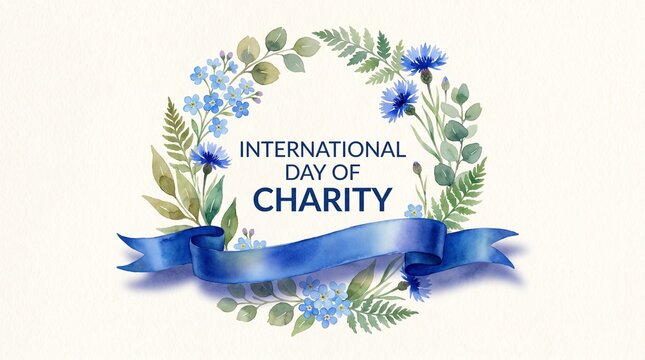 International Day of Charity watercolor floral wreath with blue ribbon