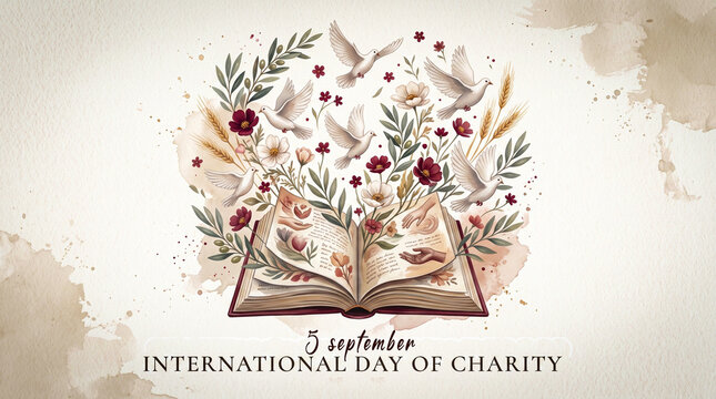 International Day Of Charity with open book doves and floral watercolor illustration