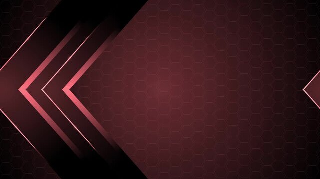 Dark geometric background with hexagonal pattern and layered glowing chevron arrows pointing left animation