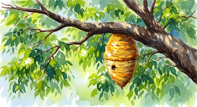 Watercolor illustration of a beehive hanging from a tree branch in a lush green forest, capturing the natural beauty of a wild honeybee nest in the summer foliage