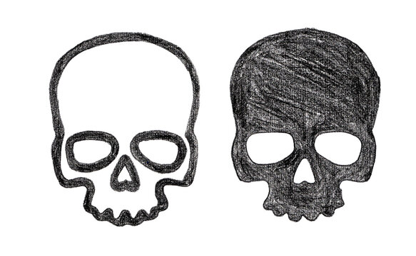 Hand-drawn human skull pair with pencil sketch texture on white background
