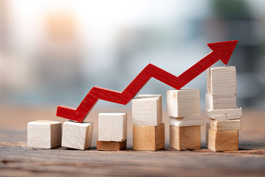Business decline, performance decrease arrow drop down. Market loss concept diagram in  arrow chart wooden block. 