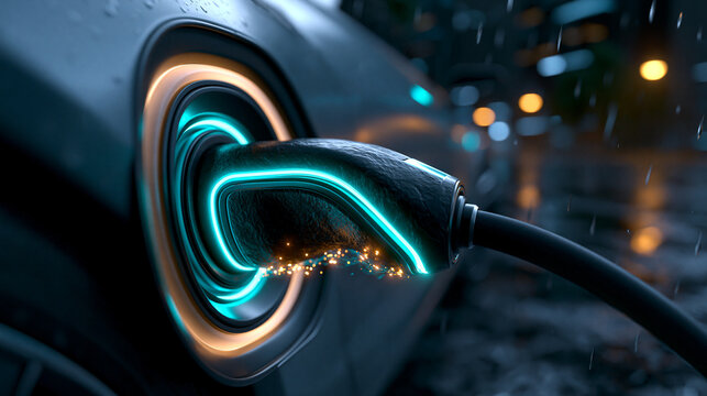 Ladekabel steckt im Elektroauto mit t&uuml;rkis leuchtendem Lichtring nachts