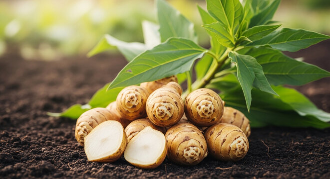 A pile of sunchokes and green leaves rests on dark soil, showcasing organic growth and healthy harvest, symbolizing nature's bounty and farm fresh produce