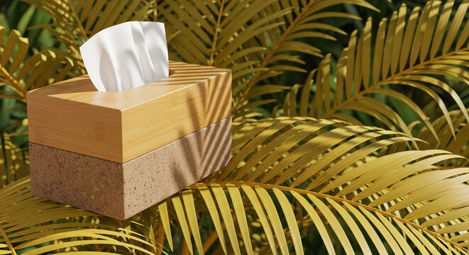 Bamboo and cork tissue box on yellow palm leaves, representing natural materials and organic design, ideal for wellness and home decor.