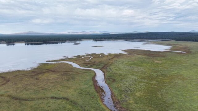 Aerial drone orbital pass over winding inlet stream to McCoy Flat Reservoir, Lassen County, California on a cloudy summer day.
