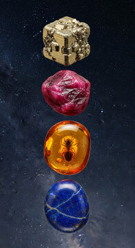 Stack of four natural mineral and gemstone specimens against a starry night sky, showcasing Earth's geological treasures.
