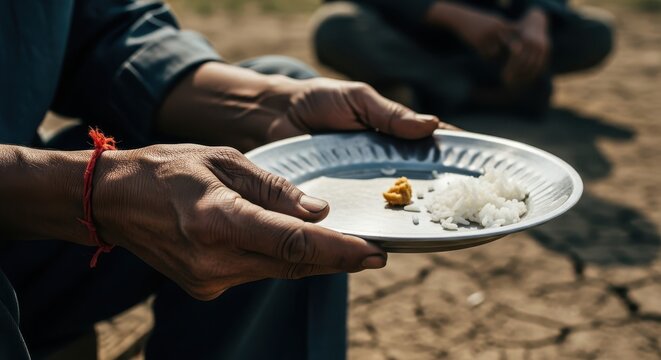 Weathered Hands Holding a Metal Plate with a Small Portion of Rice on Dry Cracked Ground Representing Poverty and Hunger