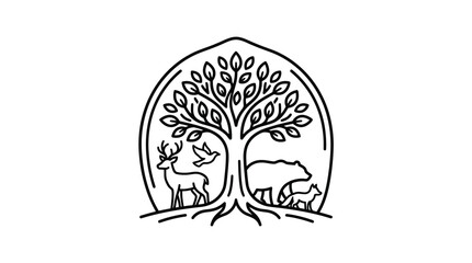 Minimalist Black and White Line Drawing of Tree Sheltering Deer Bear and Fox in a Forest Setting © robi