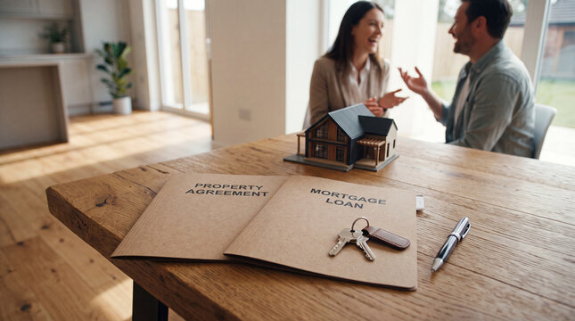 Property agreement and mortgage loan folders on wooden table with house model and keys. Female real estate agent and male client laughing in blurred background during successful deal.
