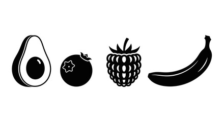 Four black and white fruit icons on a white background with avocado pomegranate raspberry illustration nutrition graphic healthy banana with food © Nimay