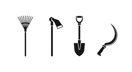 Gardening tools icons rake lamp shovel sickle with four black gardening tool icons white background maintenance landscaping agriculture equipment © Nimay