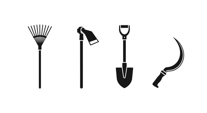 Gardening tools icons rake lamp shovel sickle with four black gardening tool icons white background maintenance landscaping agriculture equipment