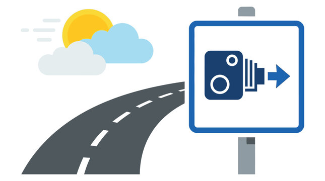 A flat design blue speed camera traffic sign illustration featuring a bold arrow on a clean white square vector icon