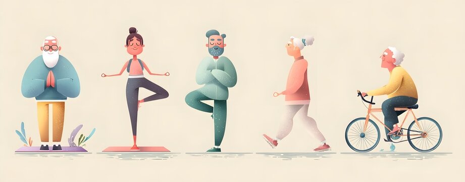 Healthy Lifestyle Routine with Diverse People Exercising and Walking, modern wellness illustration for fitness, active aging, preventive healthcare and everyday wellbeing