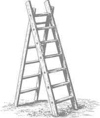 Escalera de tijera de madera estilo vintage detallada sobre un trozo de hierba o suelo