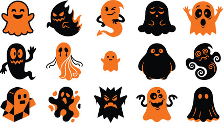 Fototapeta premium A festive halloween vector bundle featuring a collection of cute and spooky ghost characters in orange and black for holiday designs