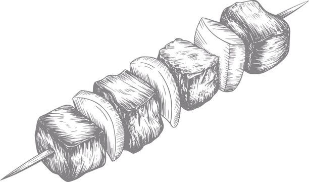 Dibujo a mano de una deliciosa brocheta de shish kebab de carne y verduras aislada sobre fondo blanco
