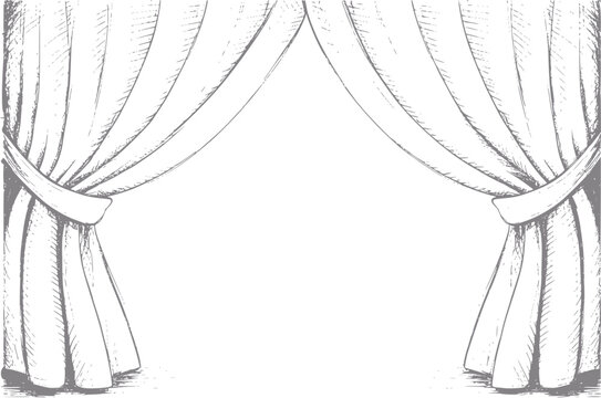 Dibujo a mano de cortinas de teatro abiertas que revelan un espacio en blanco para su personalizaci&oacute;n