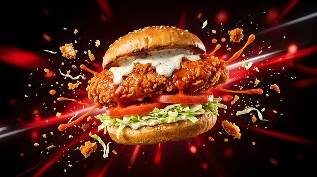 Delicious crispy fried chicken sandwich with spicy buffalo sauce, creamy ranch dressing, fresh lettuce, and sliced tomatoes, captured in a dynamic explosion of ingredients on a dark background